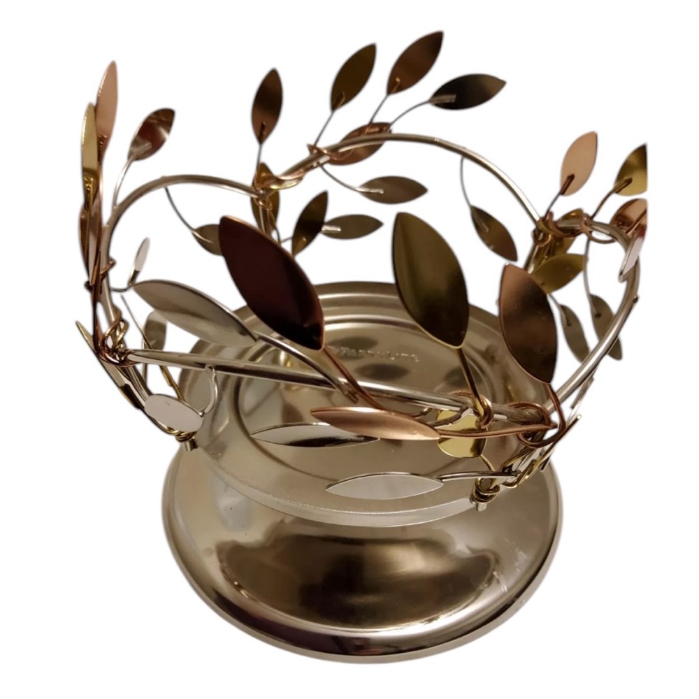 PartyLite Mixed Metal Shimmering Leaves Pedestal Jar 3 Wick Candle Holder